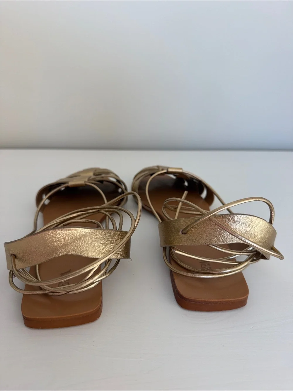 Zara Metallic Gold Woven Lace-Up Flat Sandals